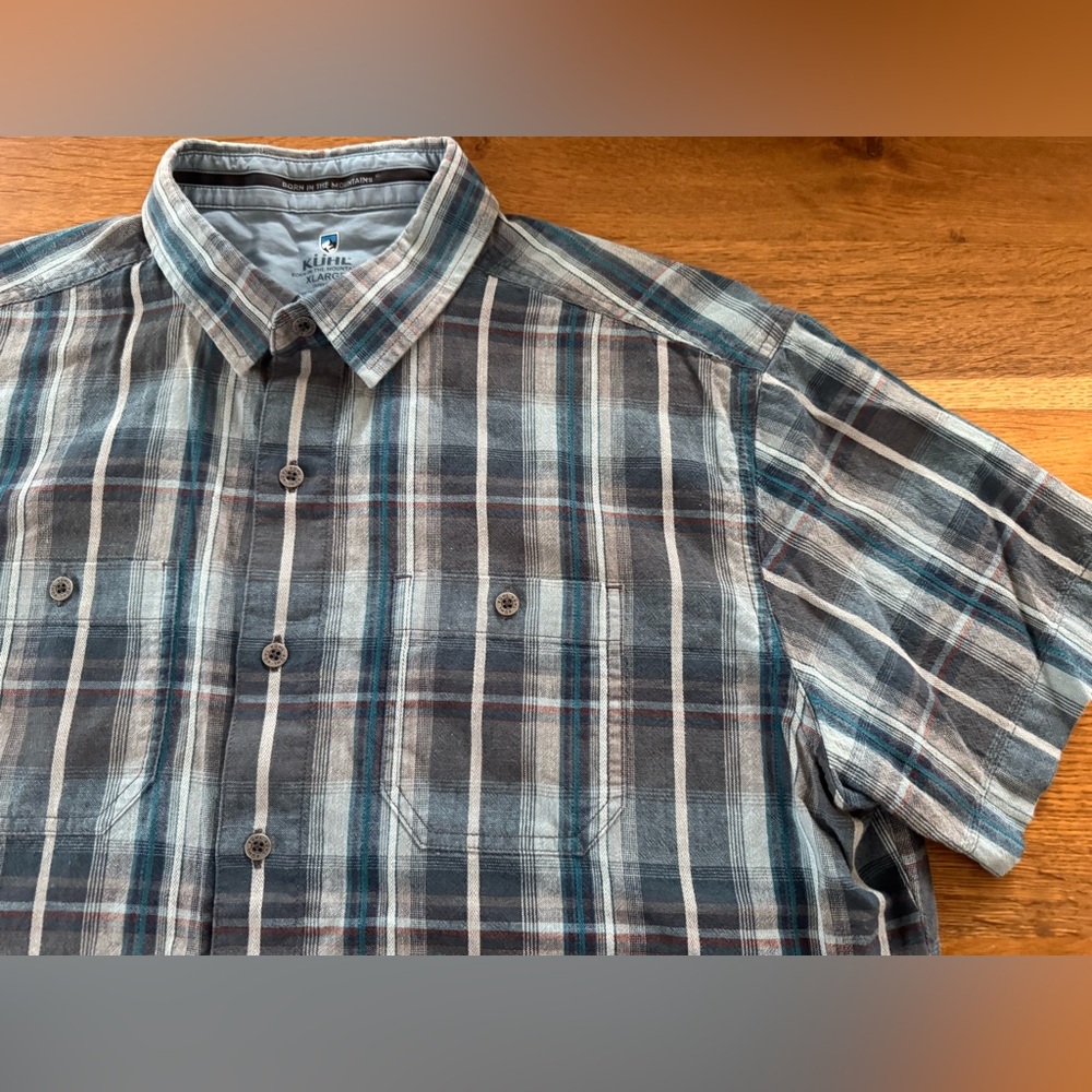 Kuhl Men's Casual Plaid Linen Blend Shirt - Blue, Brown, and Gray